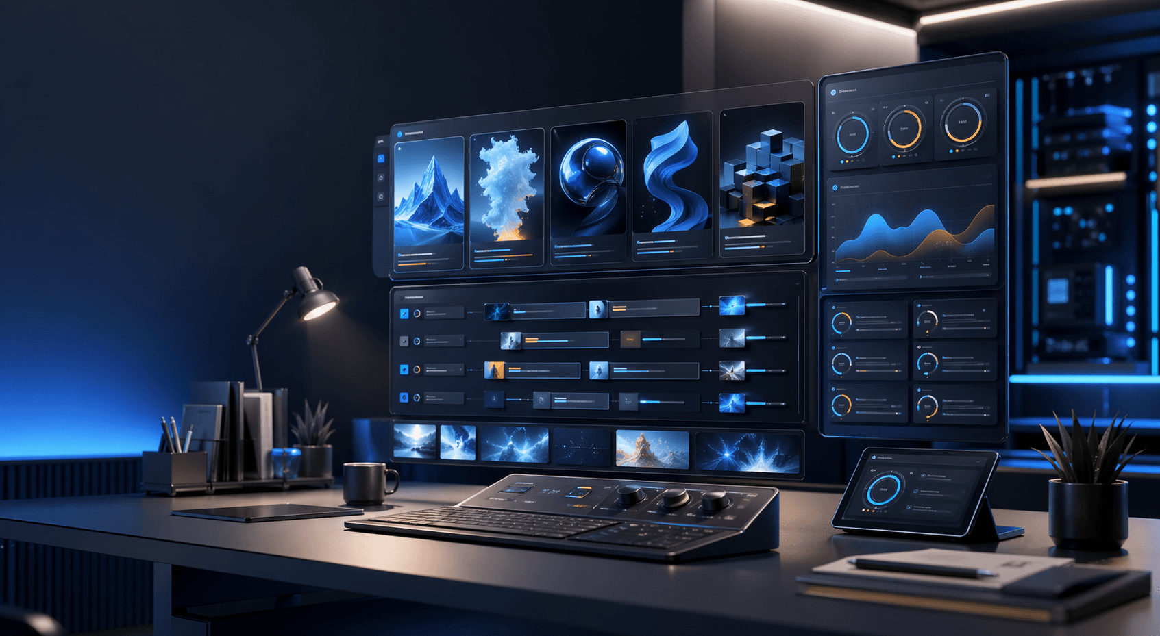 AI 콘텐츠 스튜디오 대시보드를 배경으로 한 프롬프트 디렉터 게임 이미지